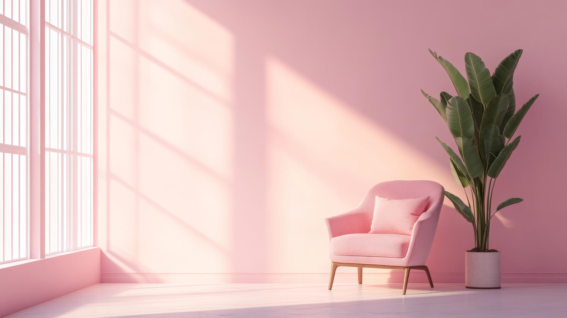 pink wallpaper aesthetic in a minimalist pink room with a plant and chair