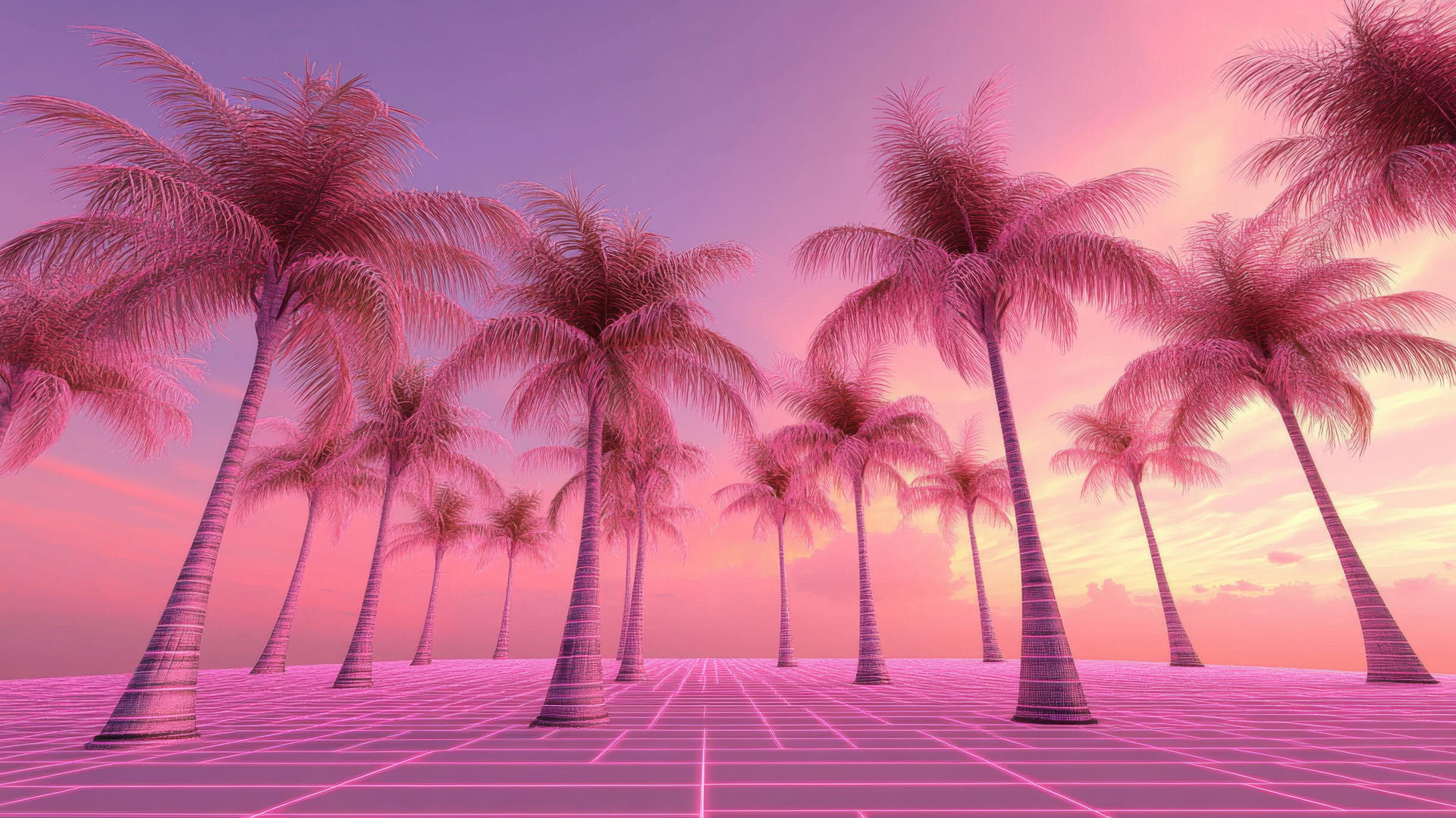 aesthetic pink wallpaper with neon palm trees against a pink and purple sunset