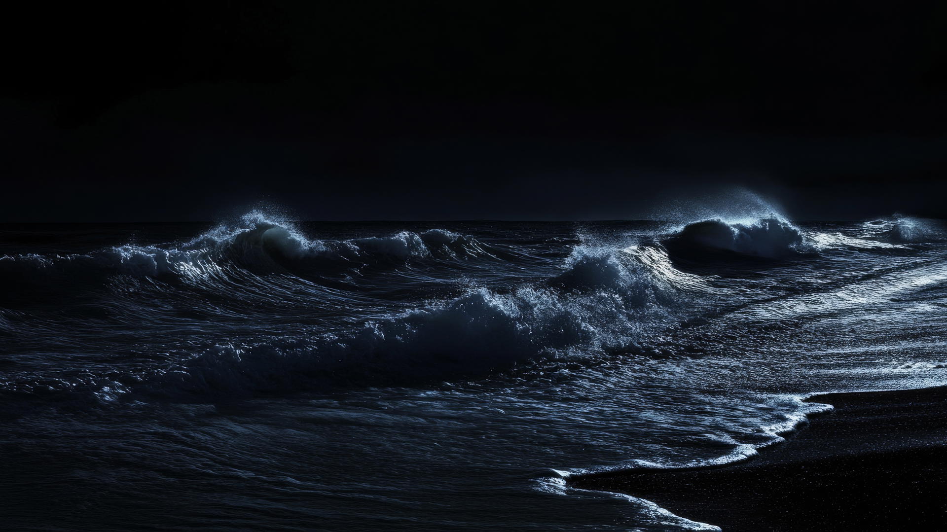 aesthetic wallpaper black, night-time ocean with waves against dark shore