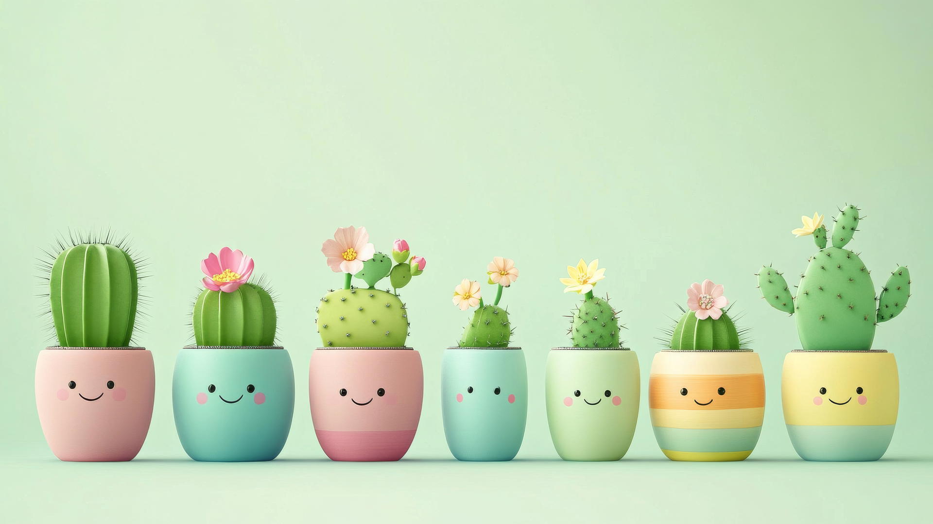 A cute green wallpaper with smiling cacti in colorful pots and tiny flowers.