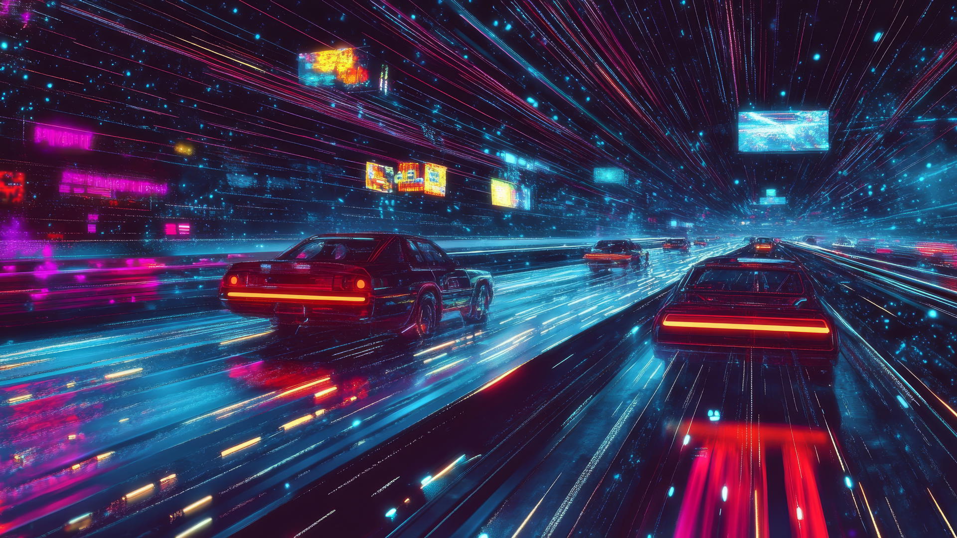 cyber y2k wallpaper with digital highway, neon lights, pixelated cars, and glitch effects