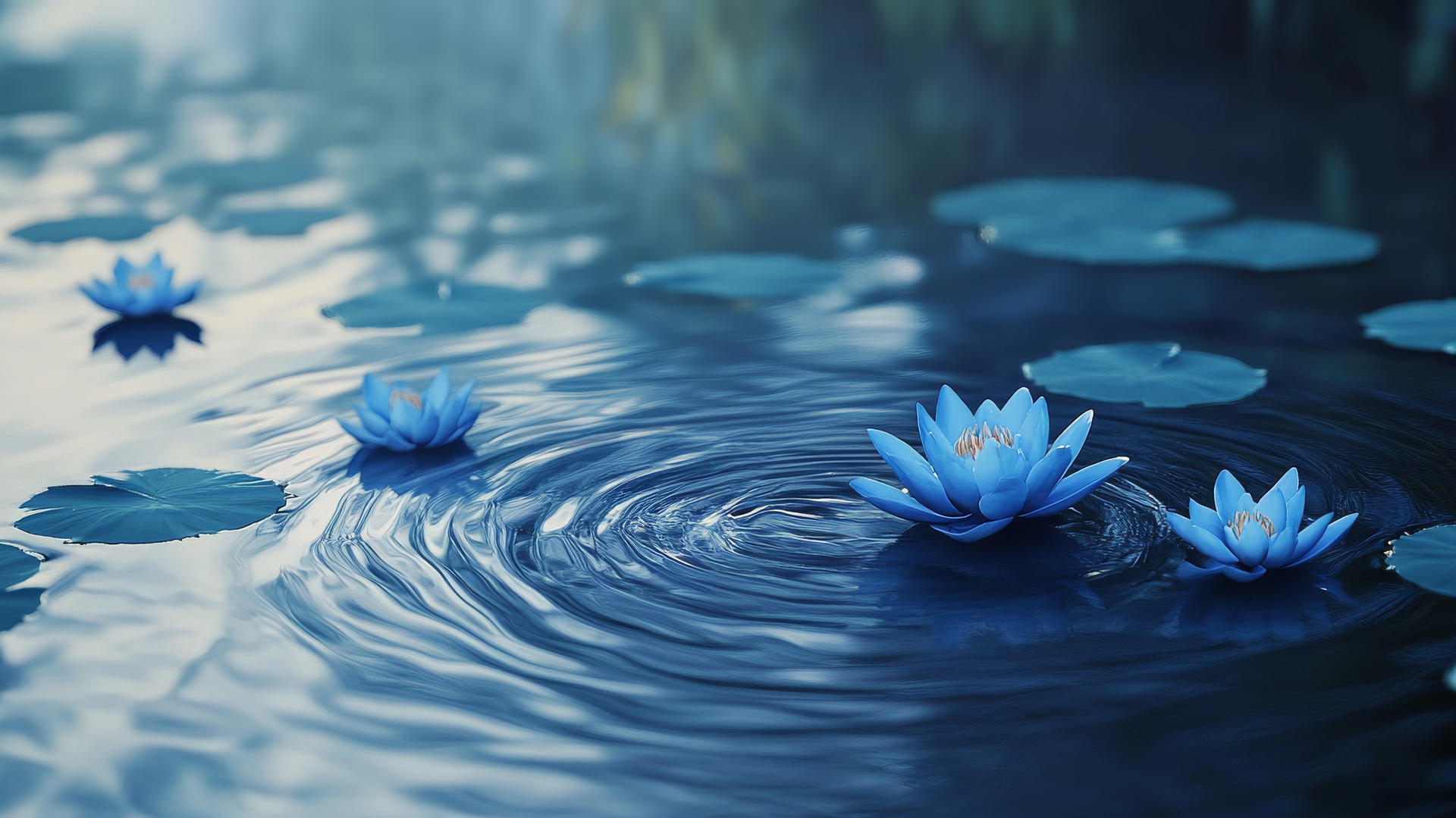 blue flower wallpaper with floating blue lotus petals on calm water surface