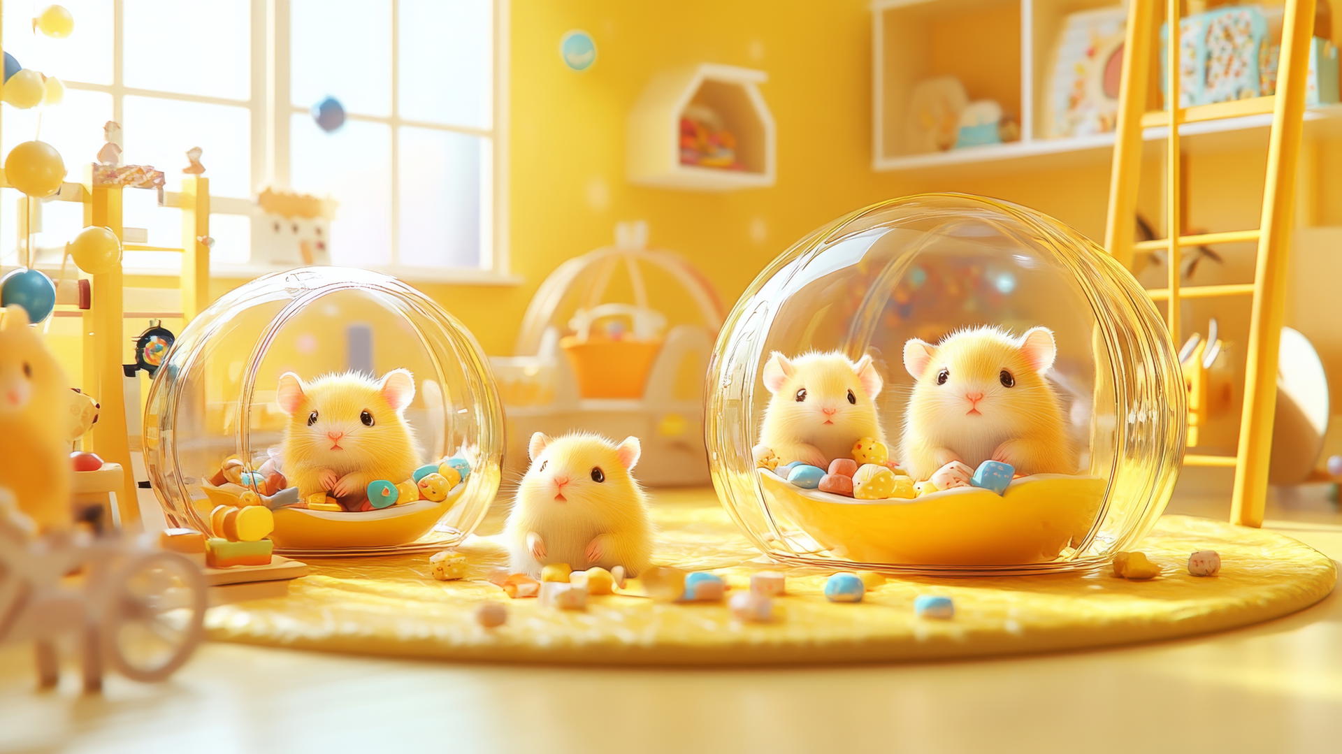 cute yellow wallpaper with adorable hamsters in transparent balls