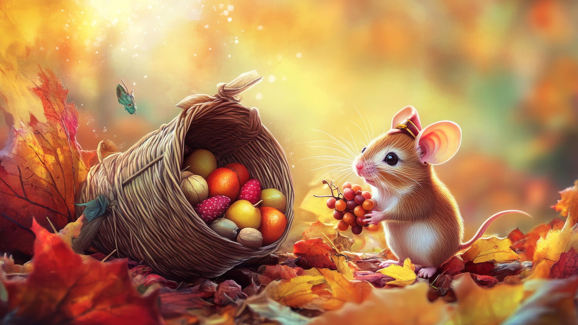 cute thanksgiving wallpaper with a little mouse in a pilgrim hat holding a cornucopia