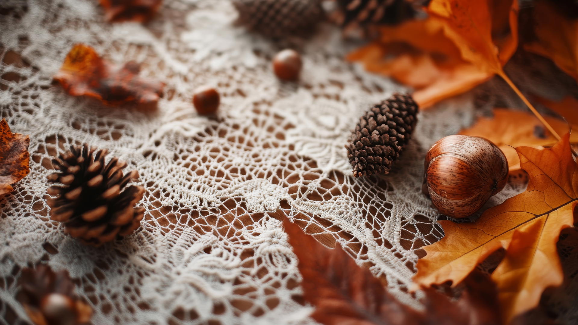thanksgiving aesthetic wallpaper with vintage lace, autumn leaves, chestnuts, and pine cones