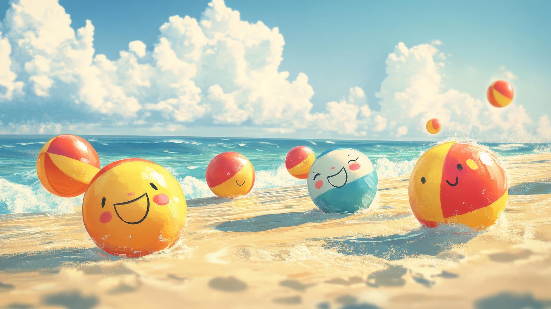 cute summer wallpaper with colorful beach balls bouncing on a sandy shore