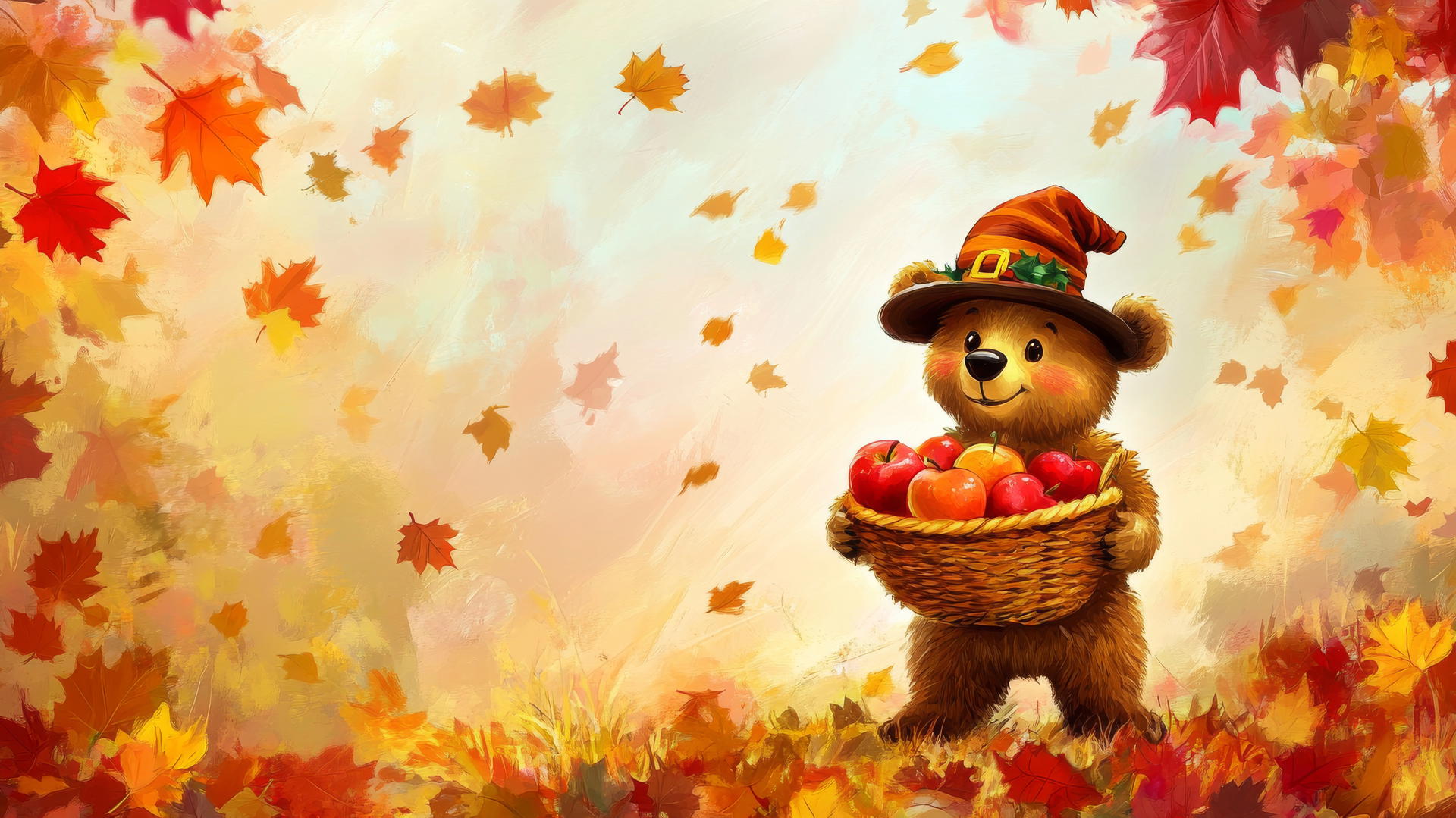 thanksgiving wallpaper cute cartoon bear with pilgrim hat holding apples