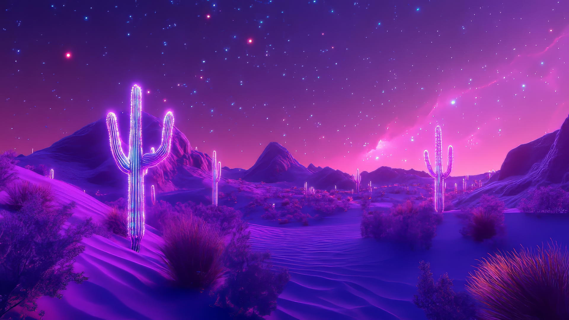 neon purple aesthetic wallpaper with glowing sand dunes and neon-lit cacti under a violet sky