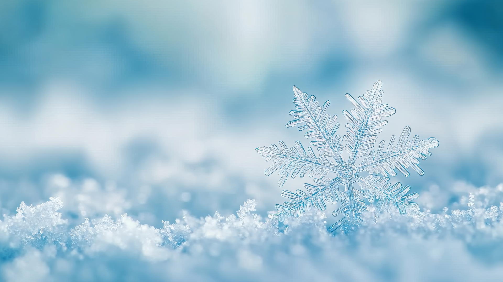 Winter wallpaper featuring a detailed close-up of a snowflake on a frosted surface.