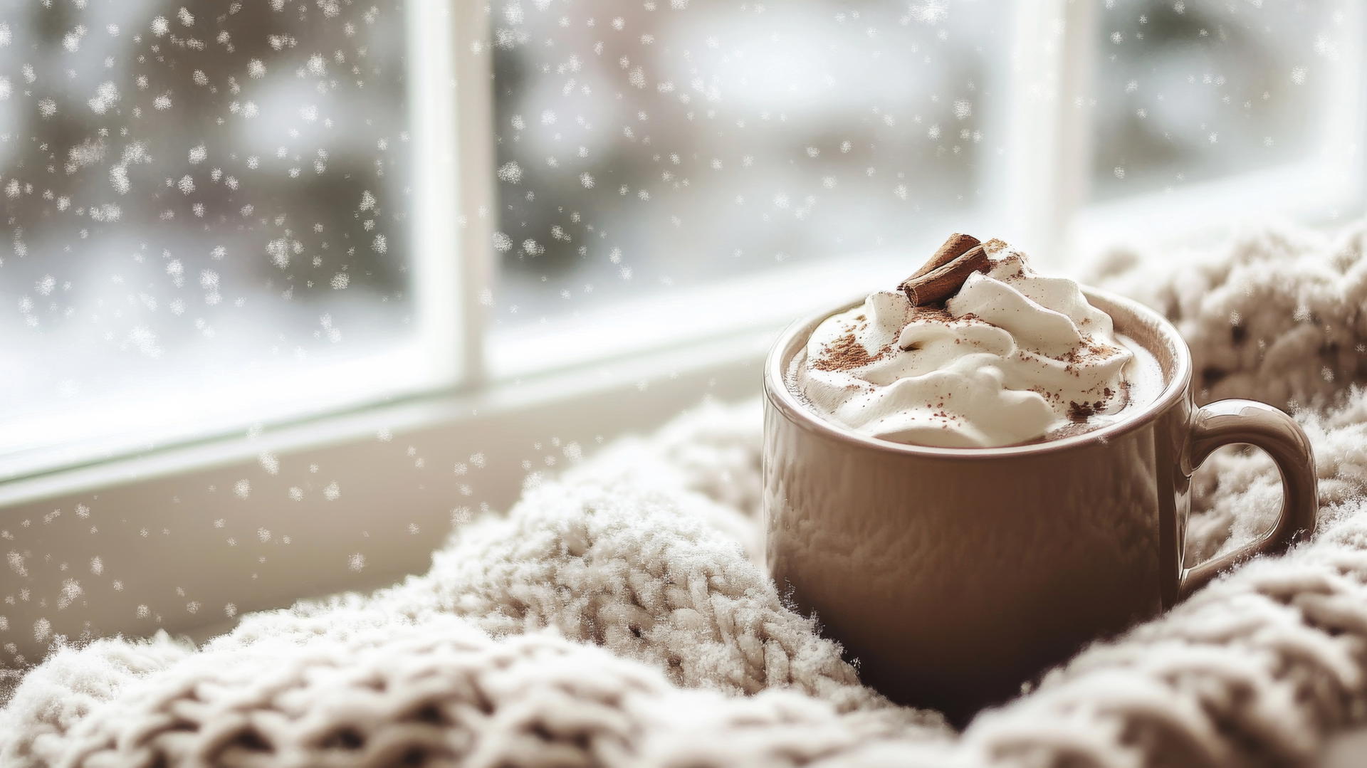 Cozy winter iPhone wallpaper with hot chocolate and knit blanket