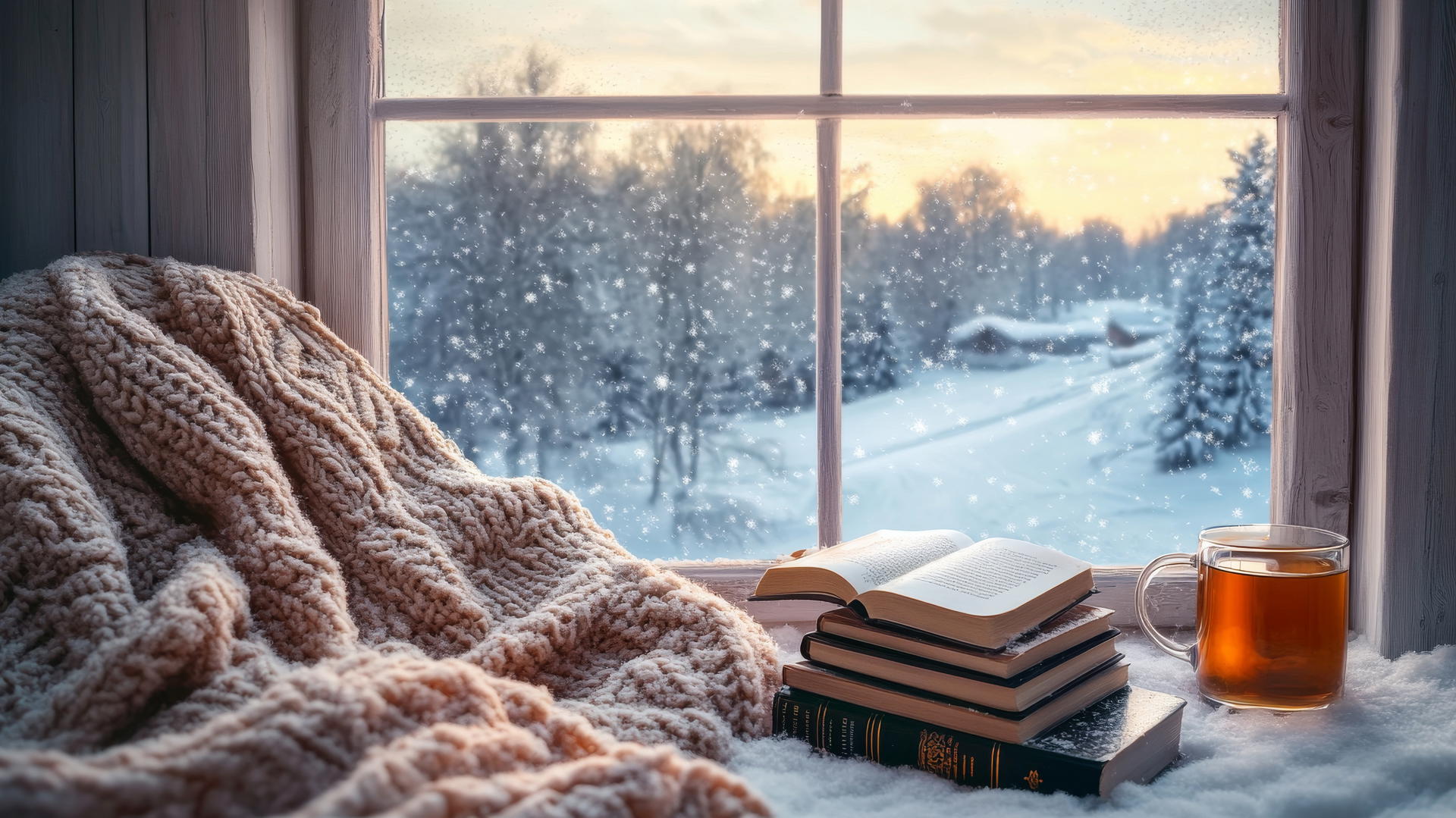 cozy winter iPhone wallpaper with reading nook, thick knit blanket, books, mug of tea, snowy landscape