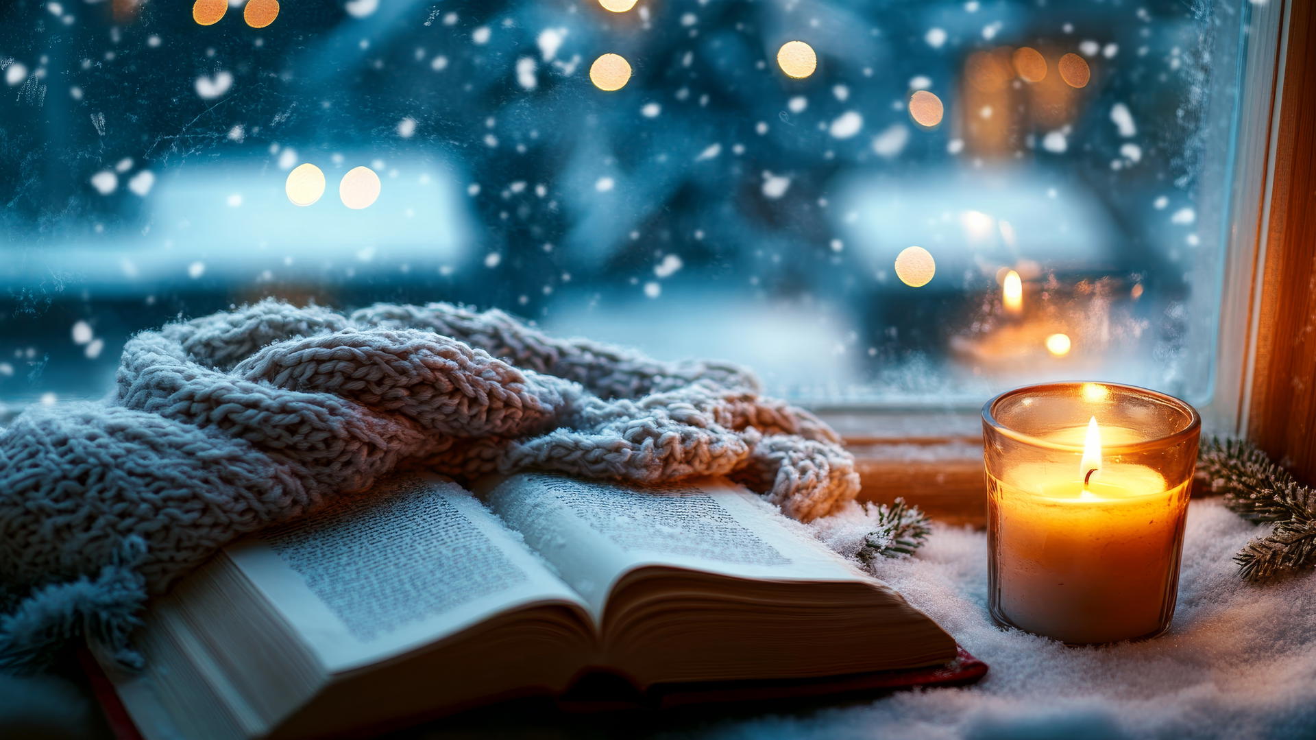 cozy winter iPhone wallpaper with a soft knitted scarf, book, and lit candle on a windowsill with snowy view