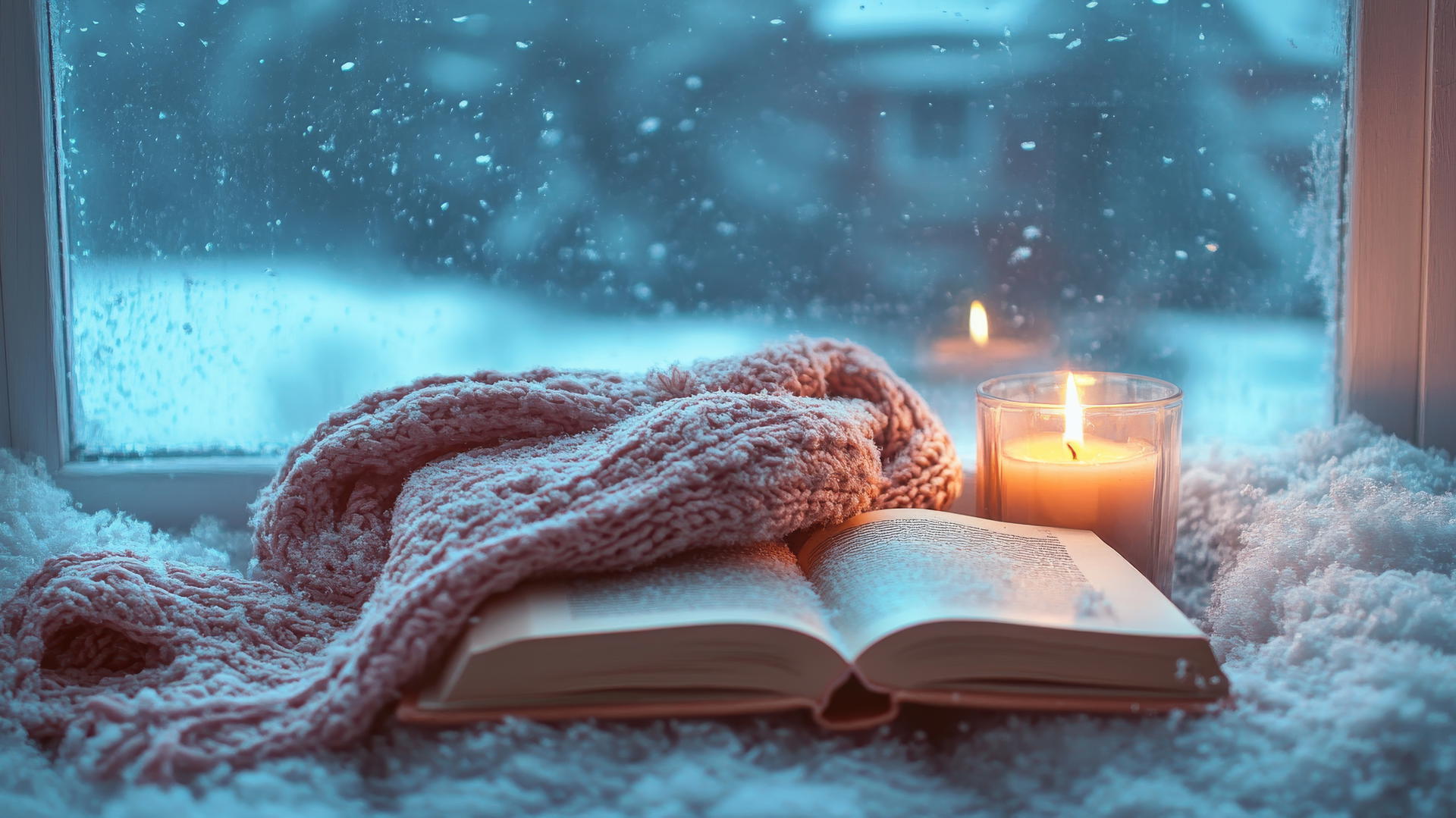 Cozy winter iPhone wallpaper with a knitted scarf, book, and candle on windowsill