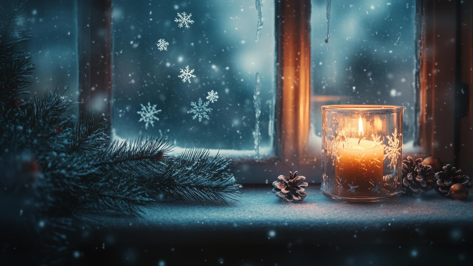 Winter wallpaper aesthetic with a cozy, candlelit windowsill decorated with pine branches and snowflakes on frosted glass