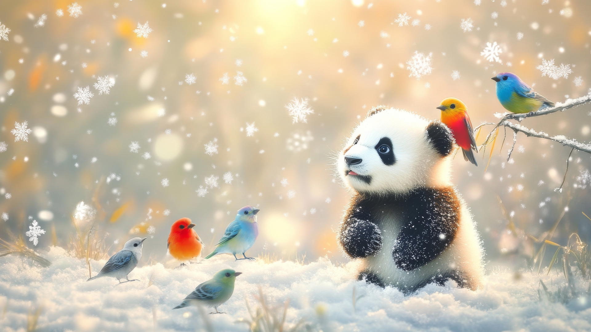 Cute winter wallpaper of baby panda in snowy field with birds on back