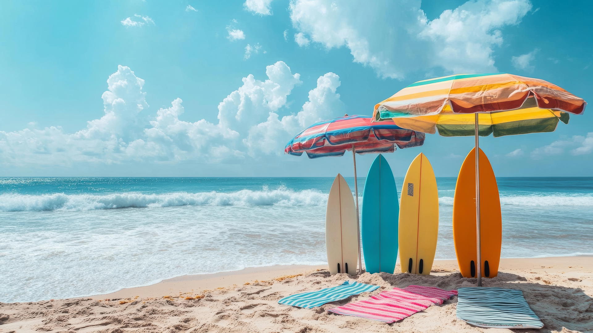 A vibrant beach theme wallpaper with colorful surfboards, towels under striped umbrellas, and gentle waves.