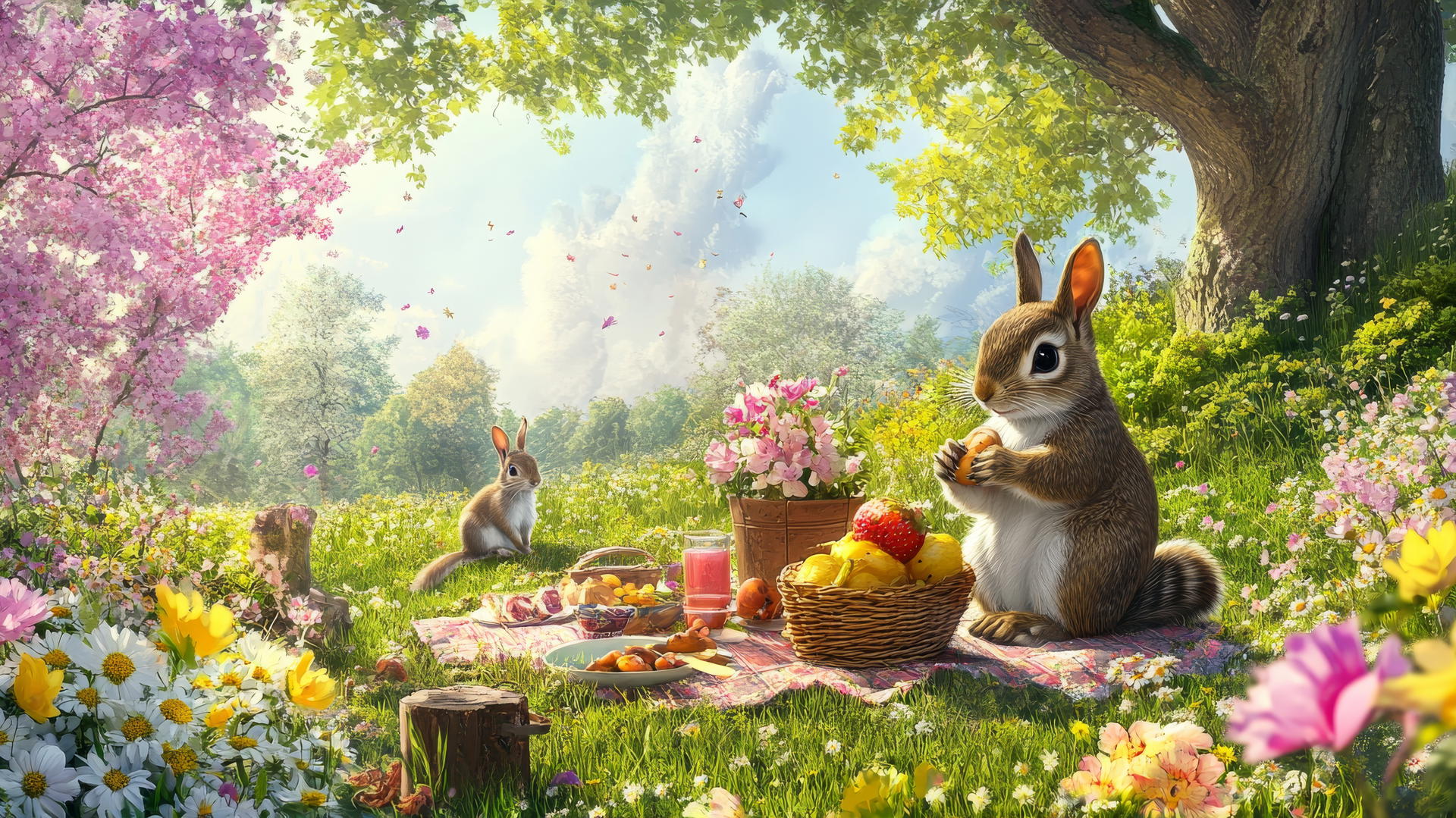 Cute spring wallpaper of a picnic with squirrels and rabbits in a blooming meadow.