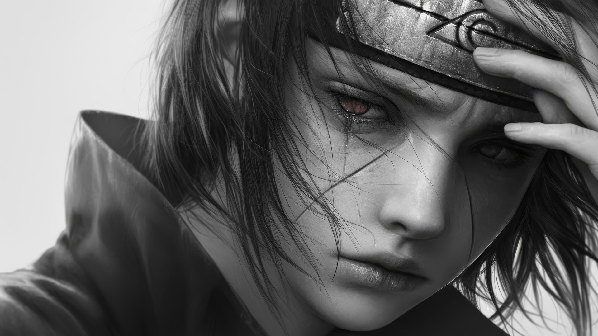Itachi Uchiha drawing with photorealistic details using graphite pencil