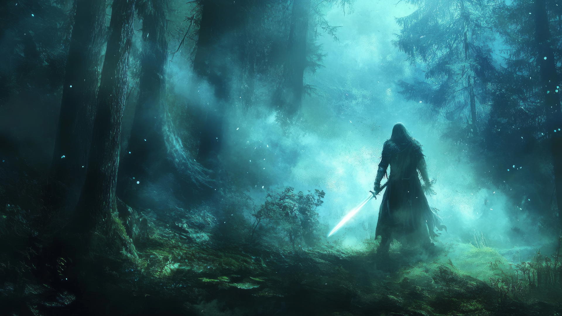 cool wallpapers for boys: dark moody forest with warrior holding glowing sword