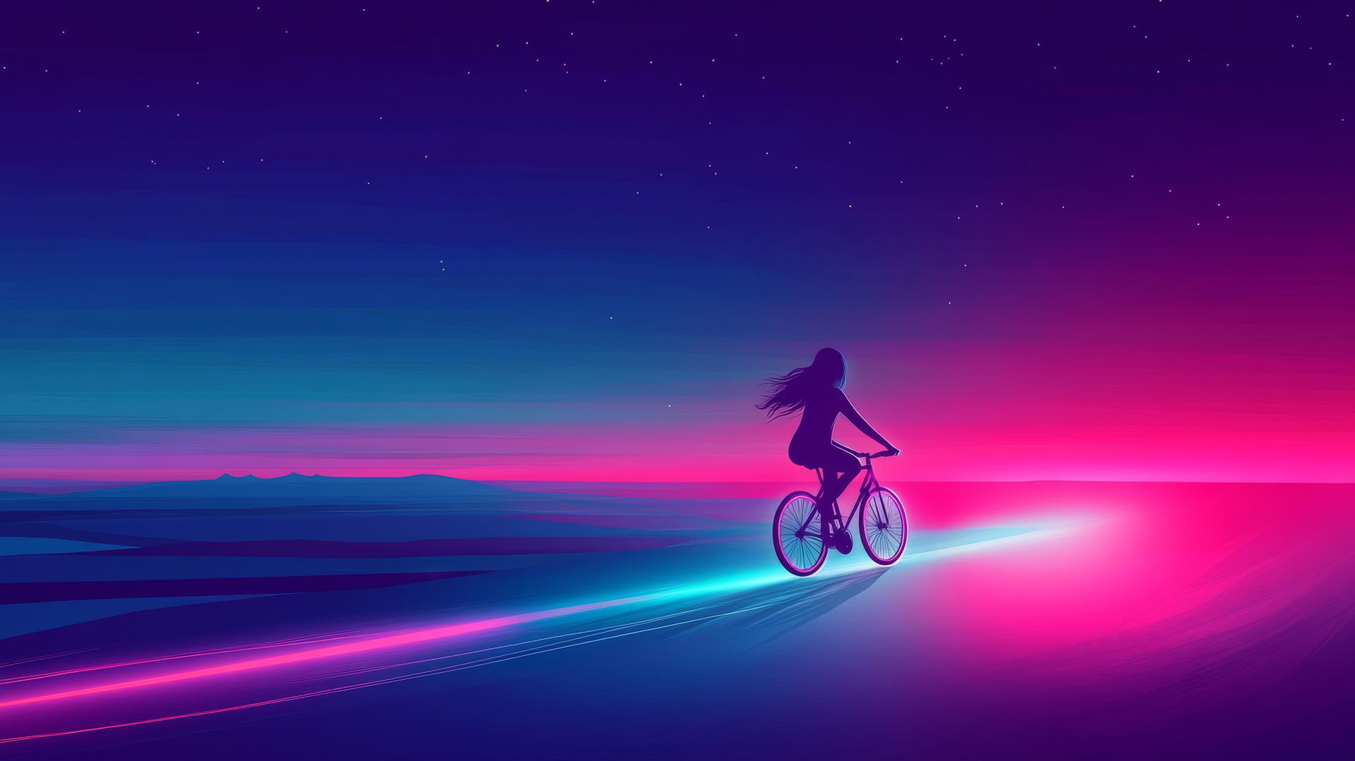 Girl riding glowing bicycle with neon light along a simple path, gradient blue-purple sky.