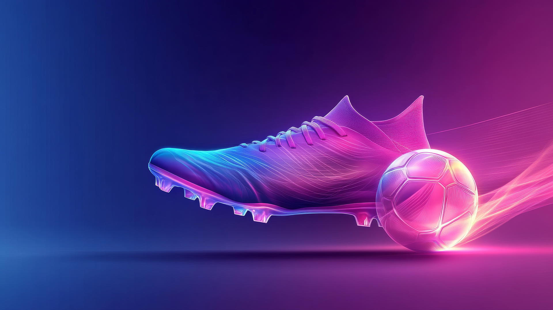 Vector of football boot kicking a glowing ball with gradient background.
