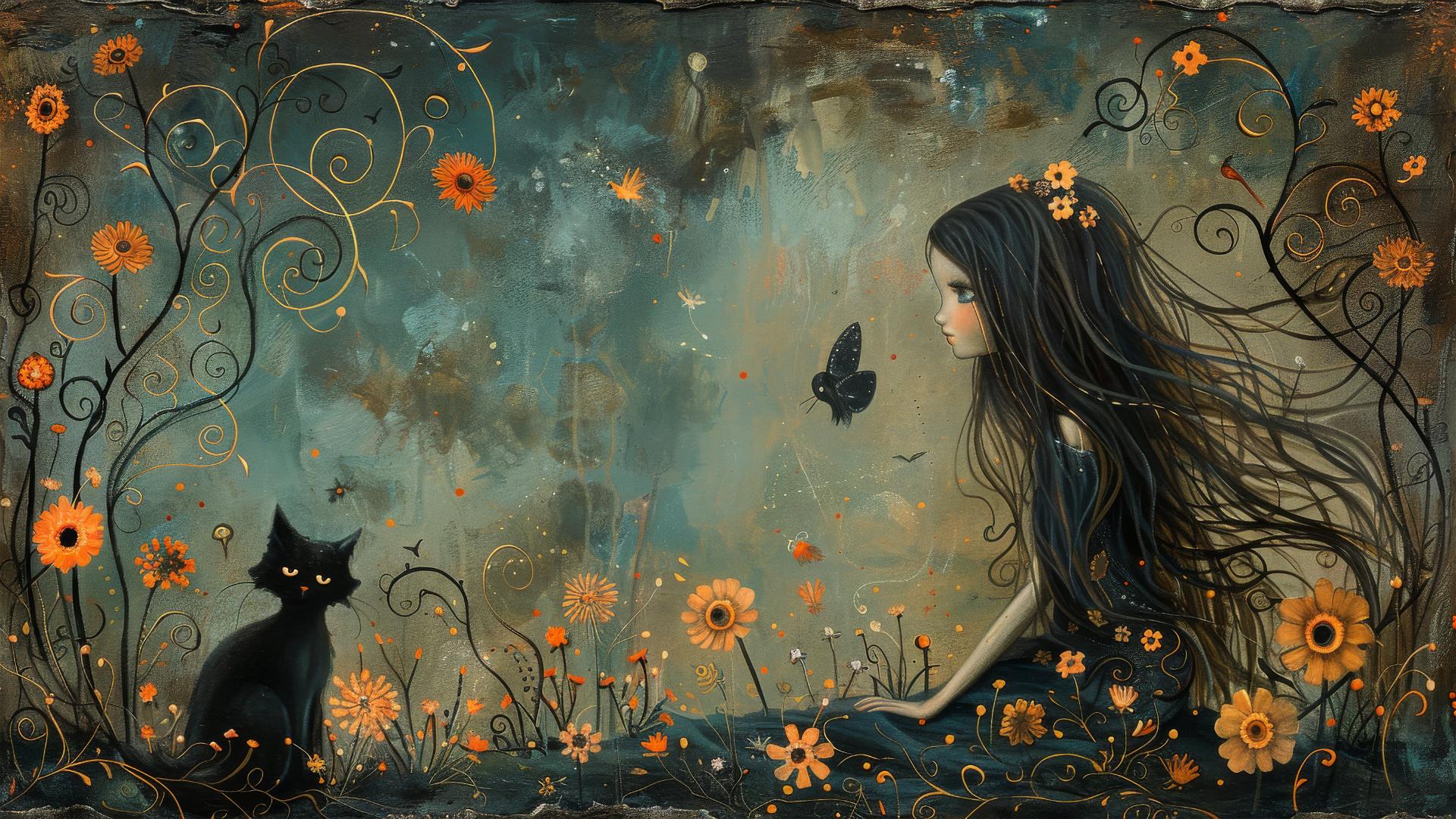 Girl with long hair, owl, and cat in a whimsical forest night scene.