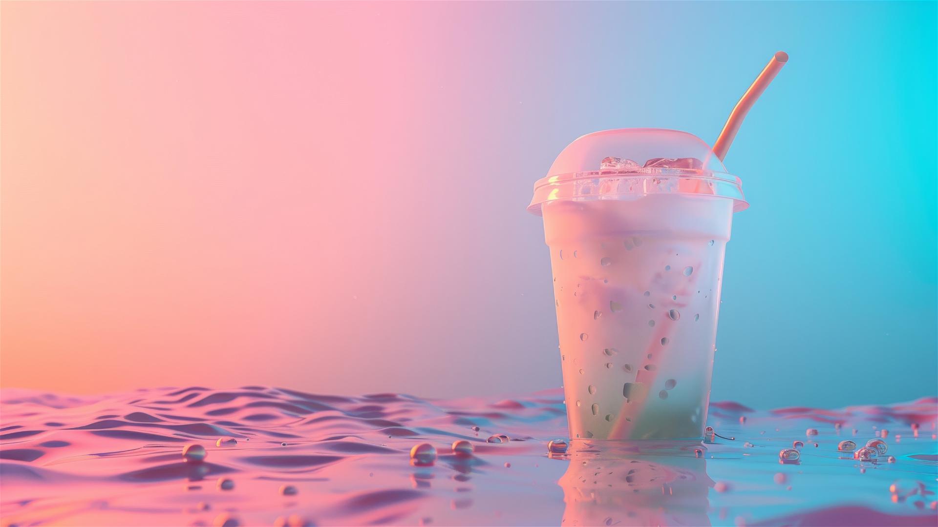 Plastic milk tea cup with green ice on water, blue and pink background.