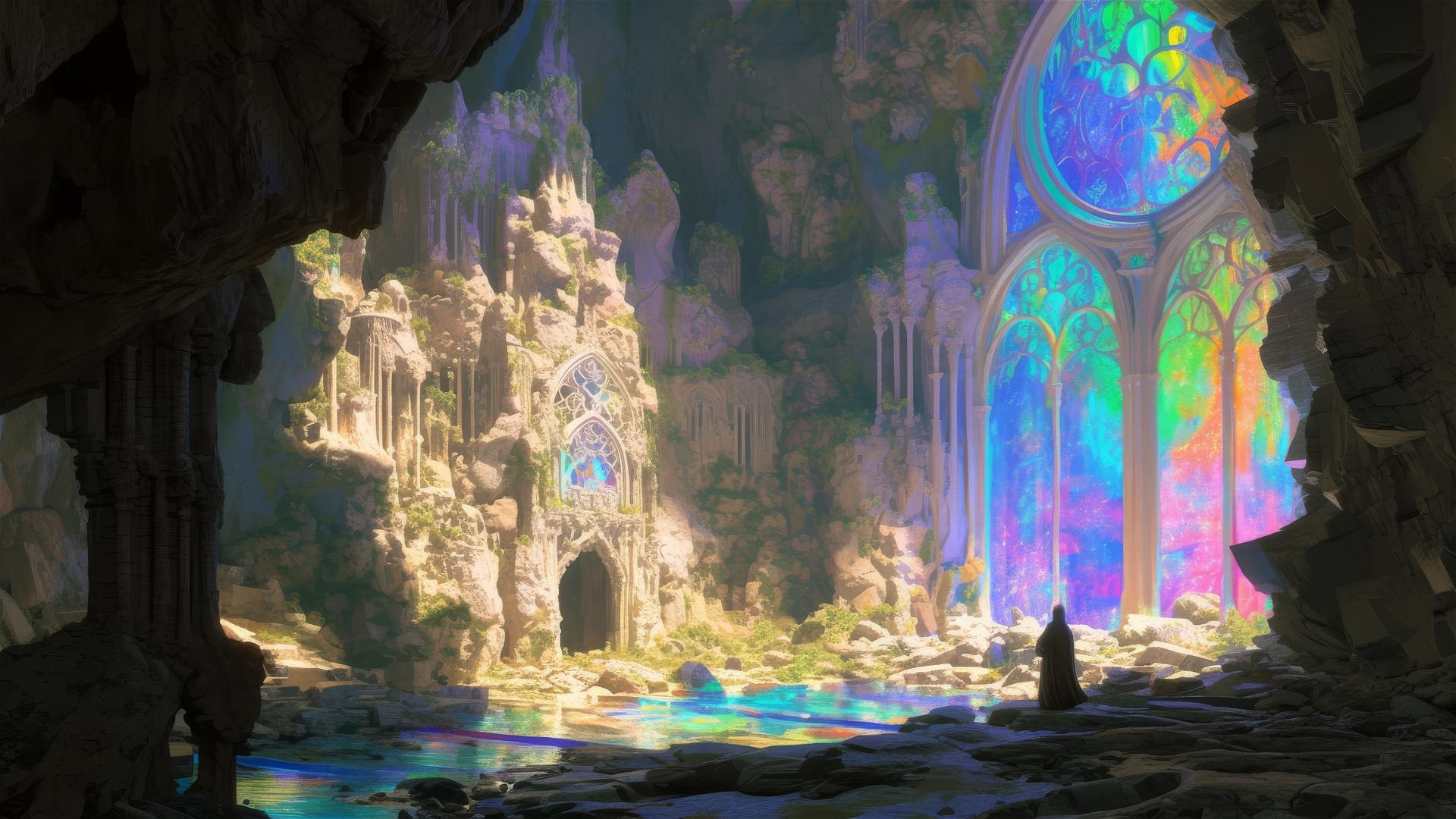 Opal caverns with light refraction creating colorful spectrum on walls