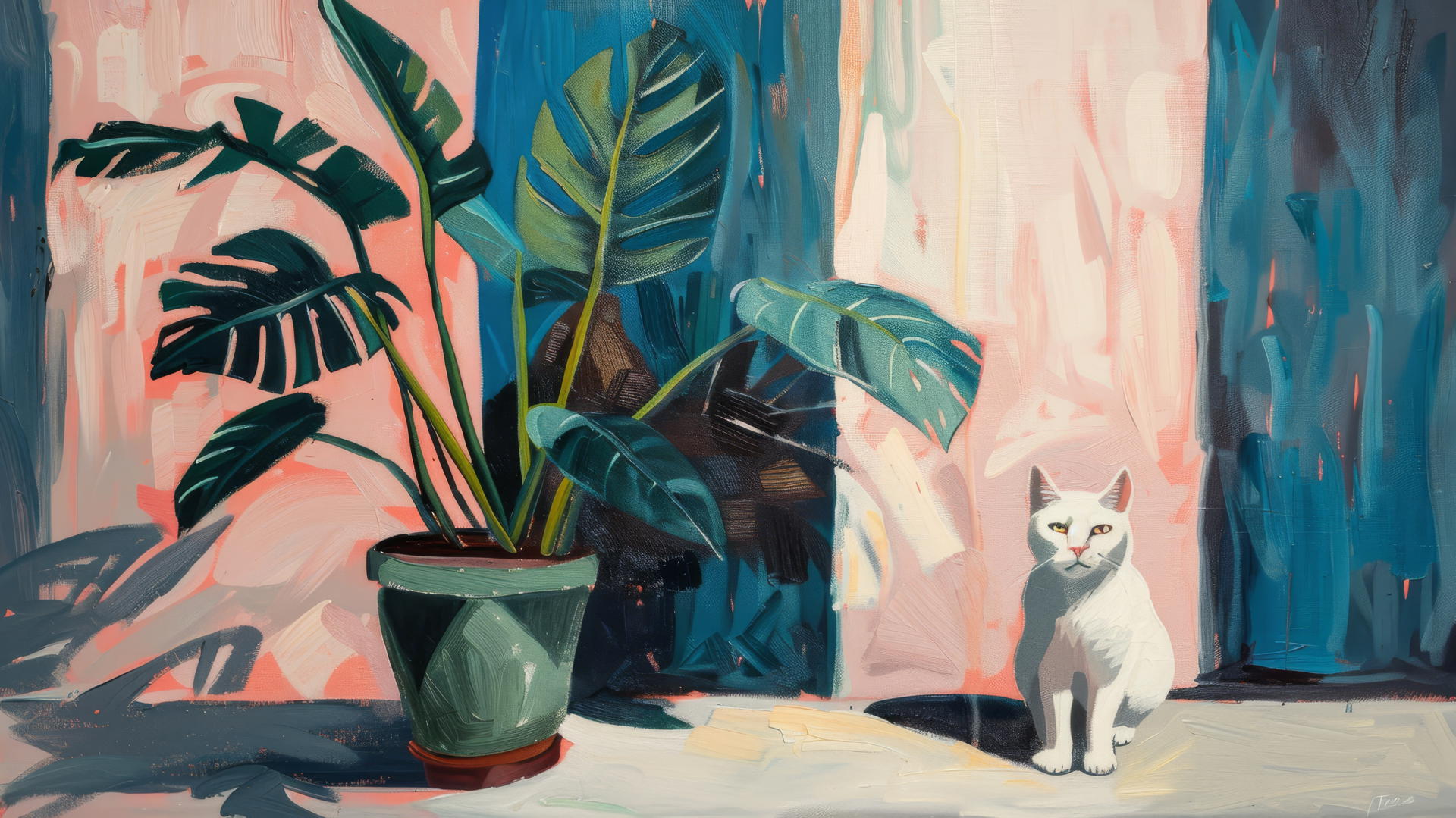 Henri Matisse-style oil painting of monstera in green pot, white cat, blue and pink striped sides