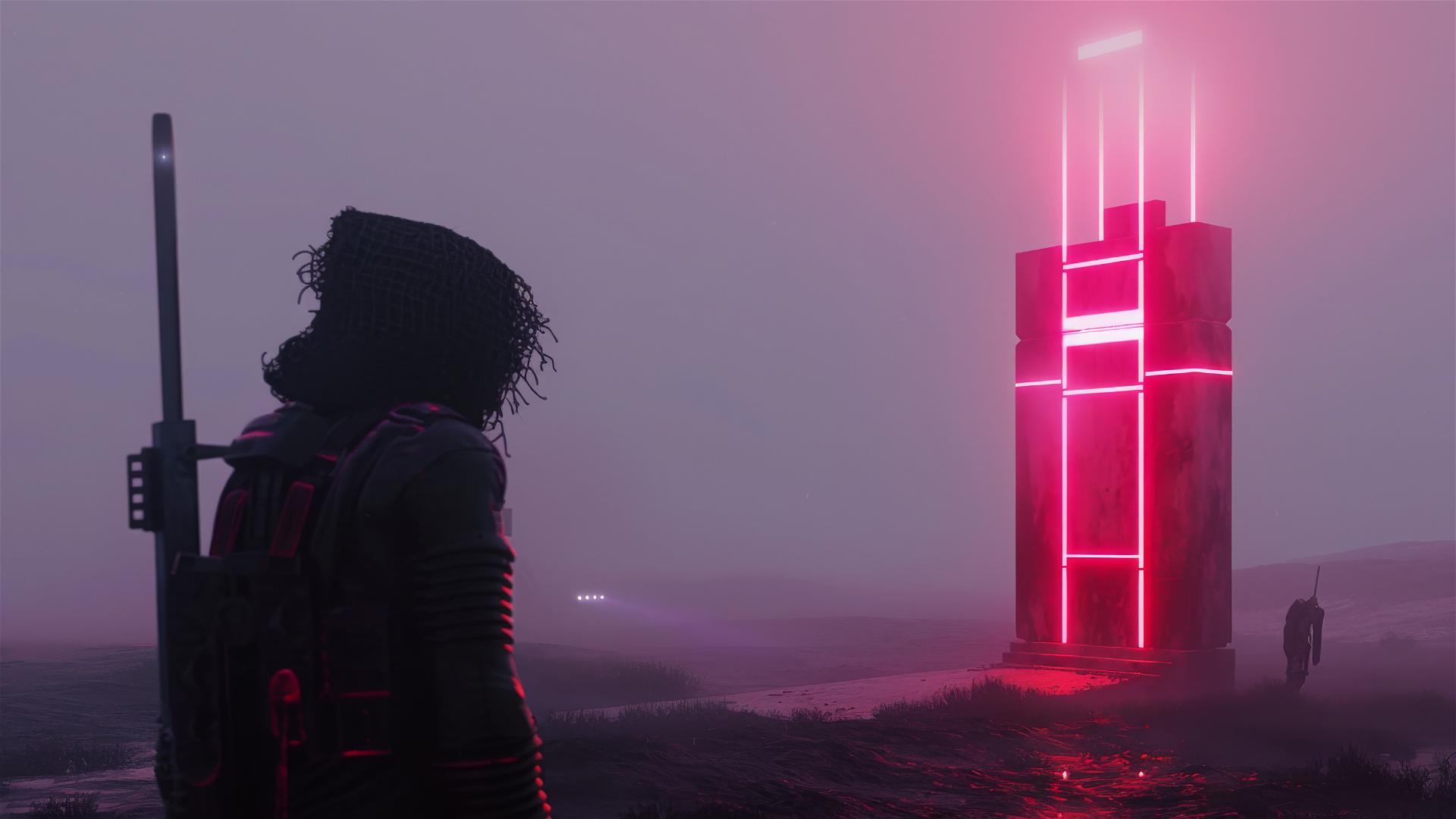Cybergoth scarecrow in foggy setting with neon light and monolith