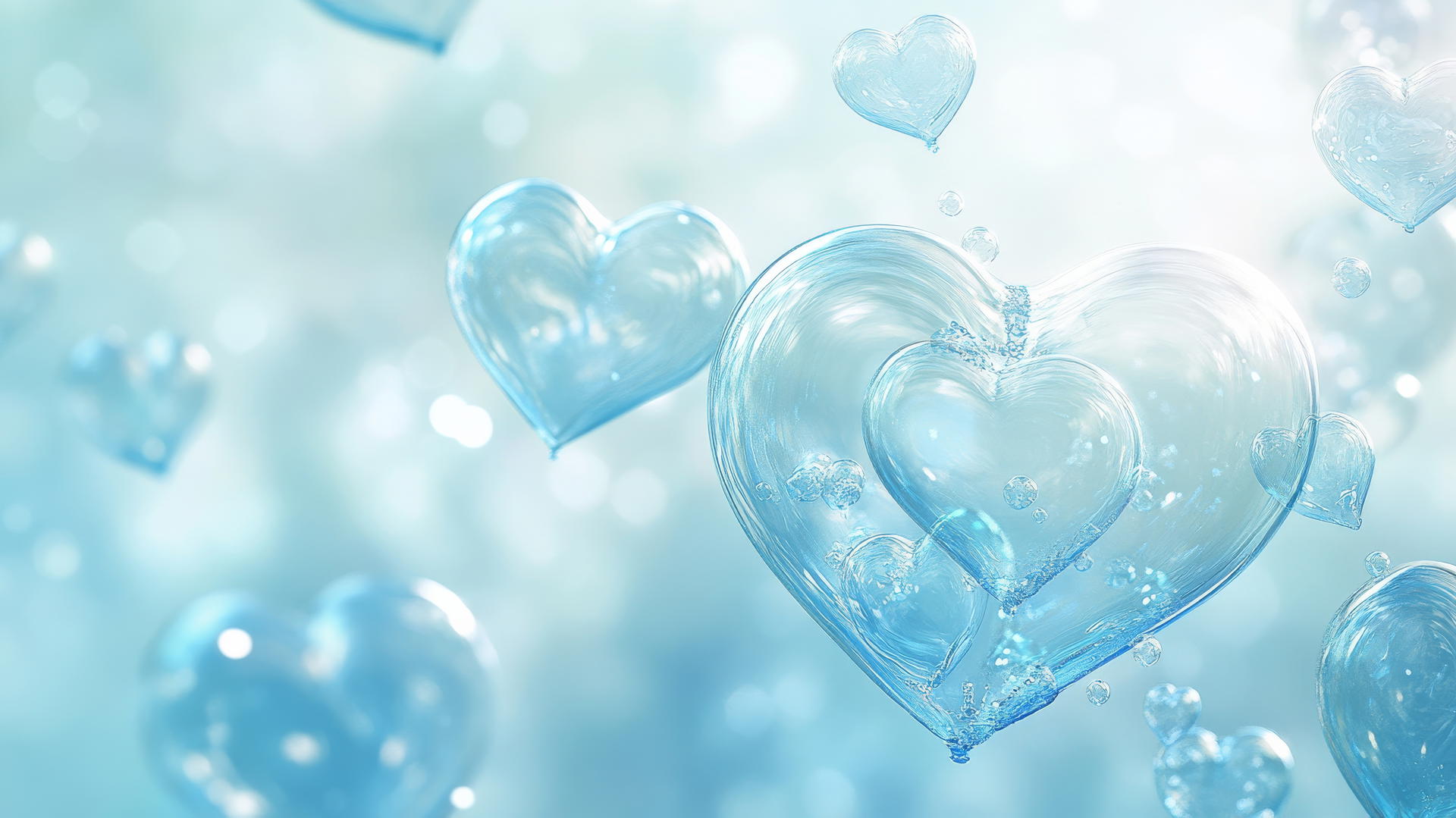 blue heart wallpaper with heart-shaped bubbles against pale blue background