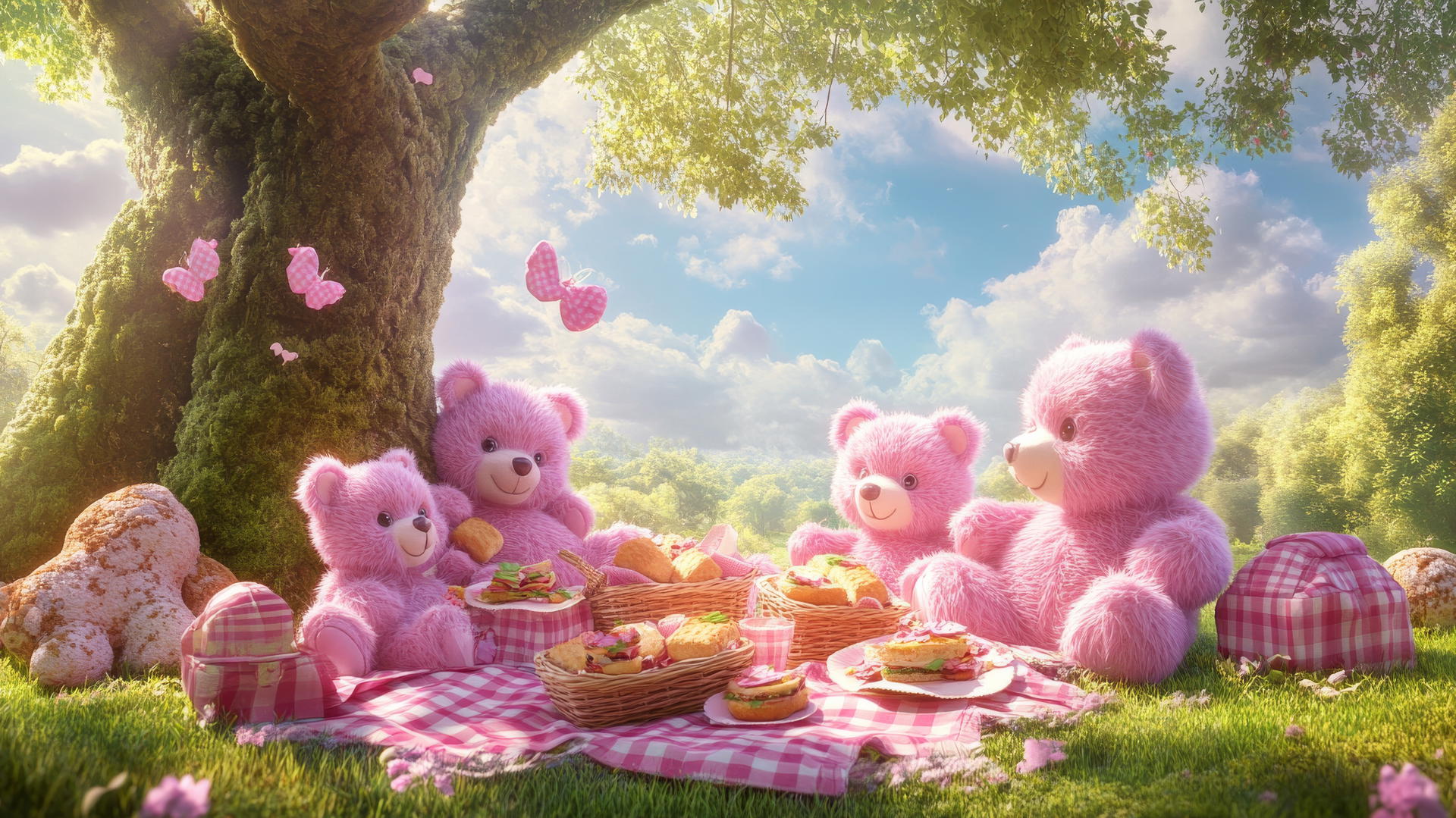 cute pink wallpaper with fluffy teddy bears having a picnic under a tree