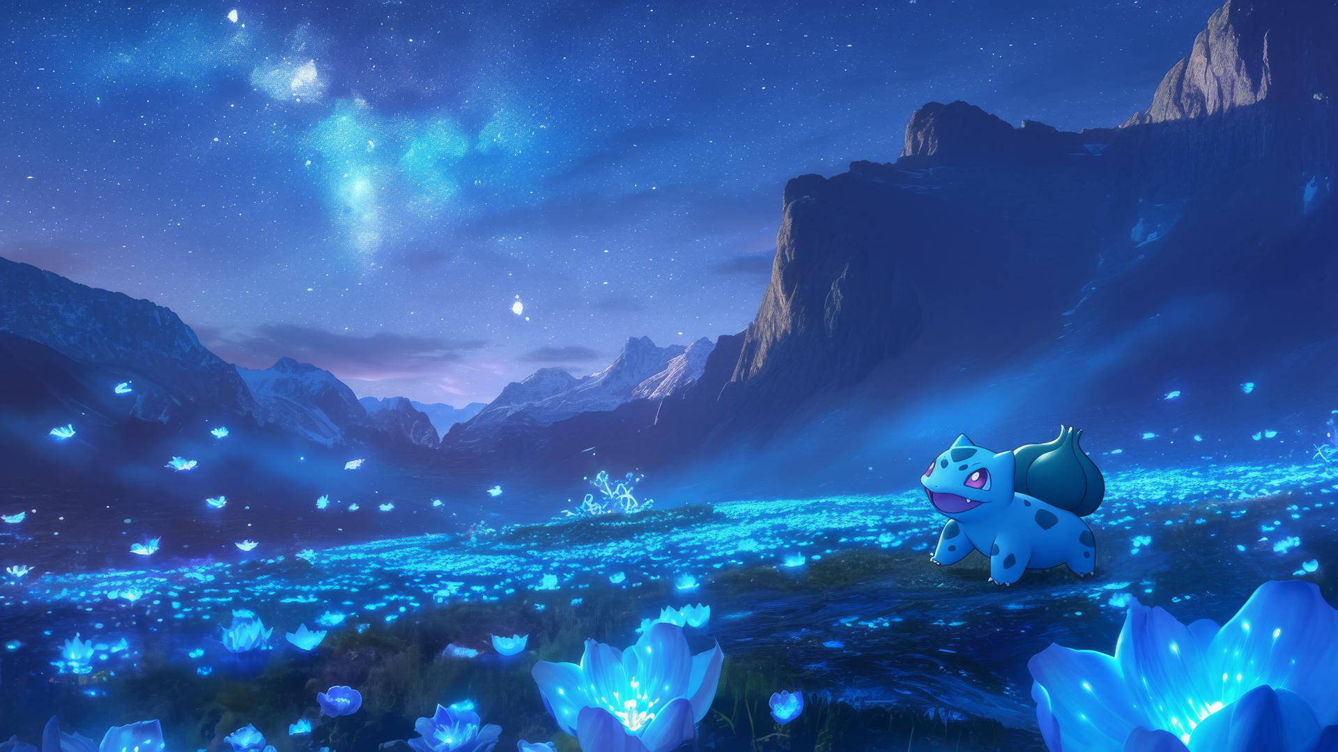 Pokemon Bulbasaur running through bioluminescent meadow under starry sky