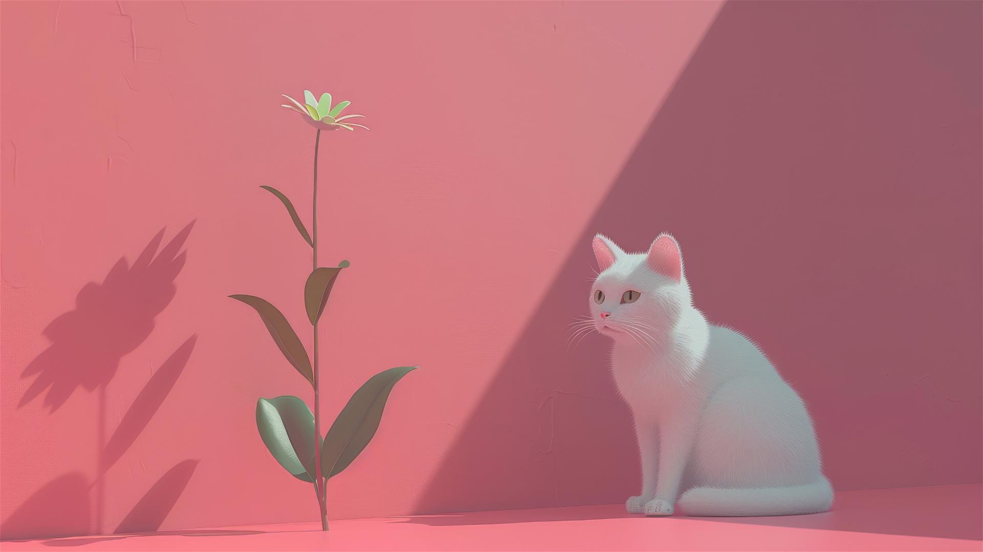 White cat with flower in minimalist Takeshi Kitano style