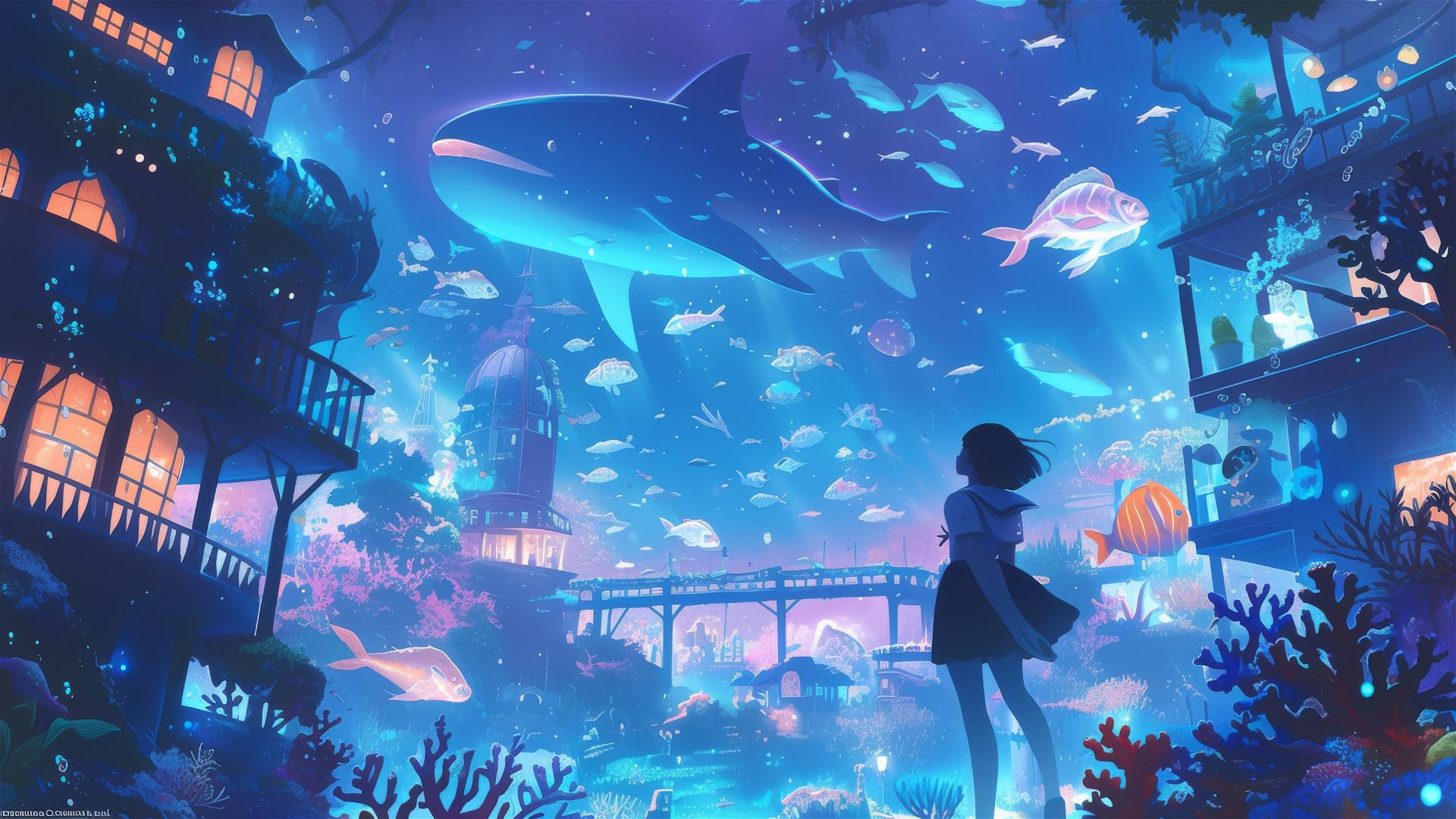 Ghibli-style underwater city with glowing bioluminescence and sea creatures.