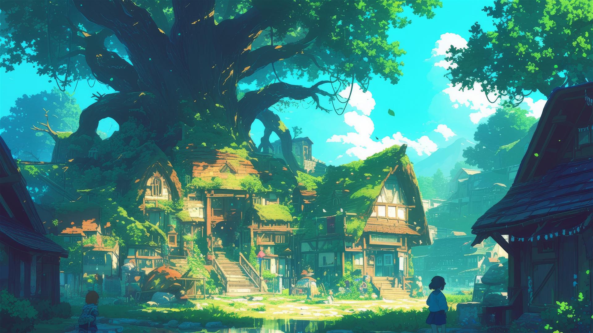 Ghibli-style hidden village with magic portals and ancient traditions.