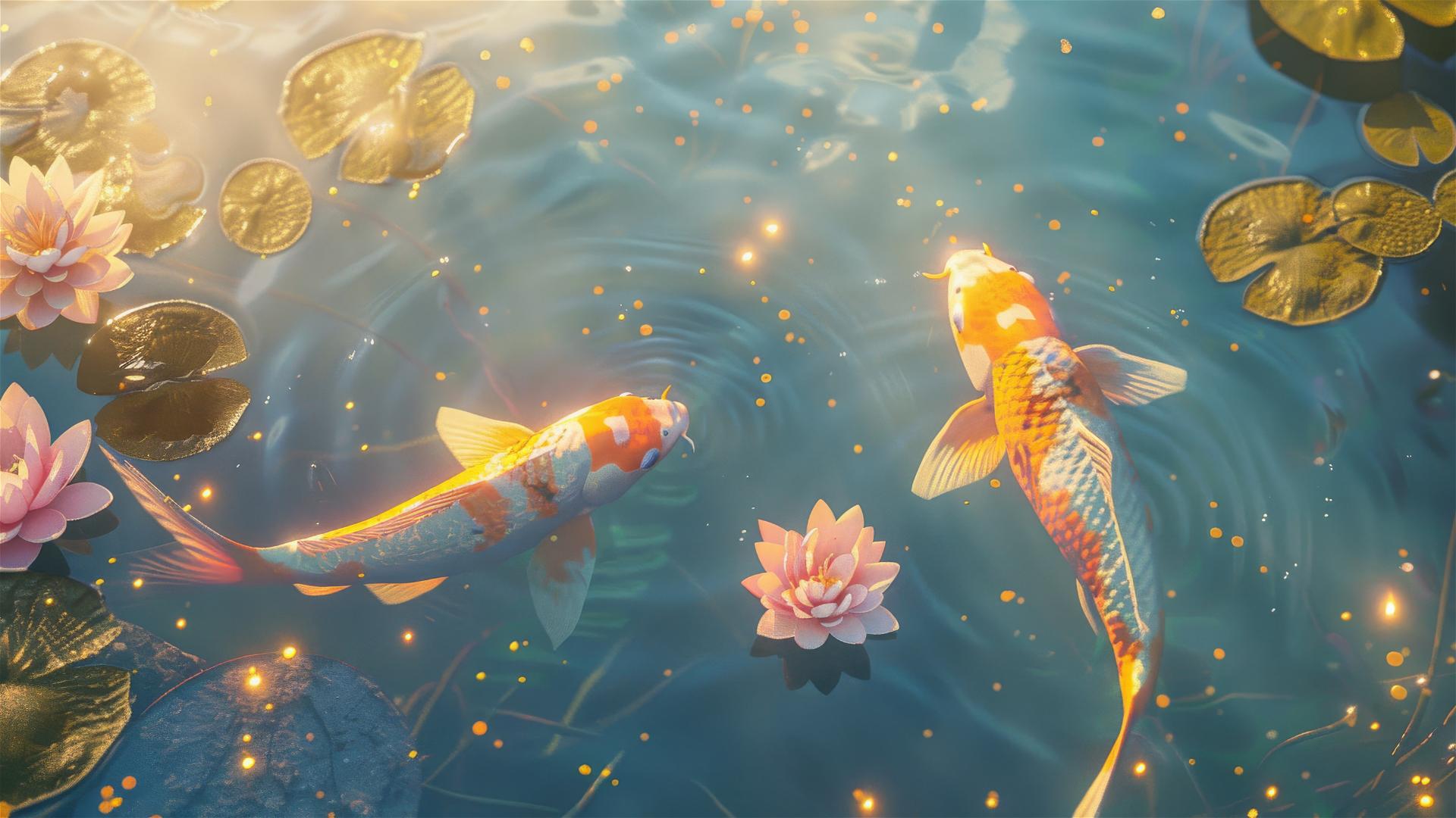 Golden koi fish in a clear lake with pink and gold lotus, under a sky with gold dust.