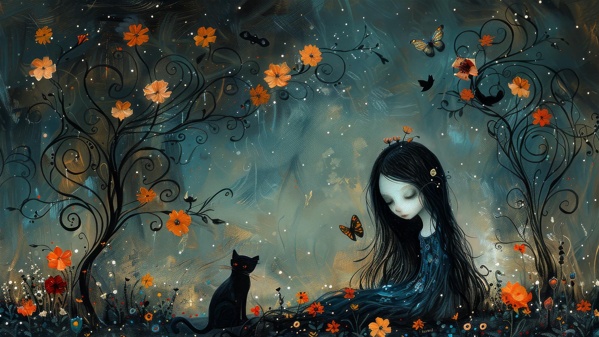 Girl with long hair, owl, and cat in a whimsical nightscape with flowers.
