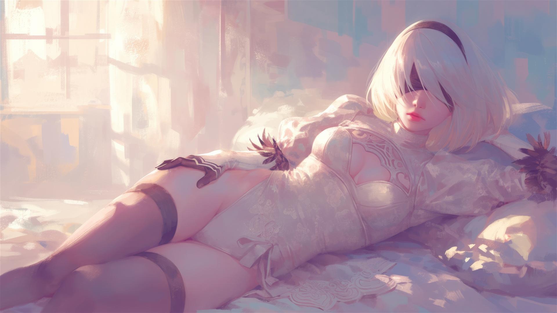 2B from Nier in white silk pajamas resting at sunrise.