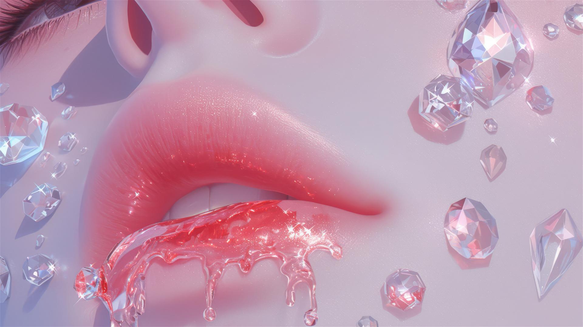 Caucasian woman's lips with pink Swarovski crystals and red drip.