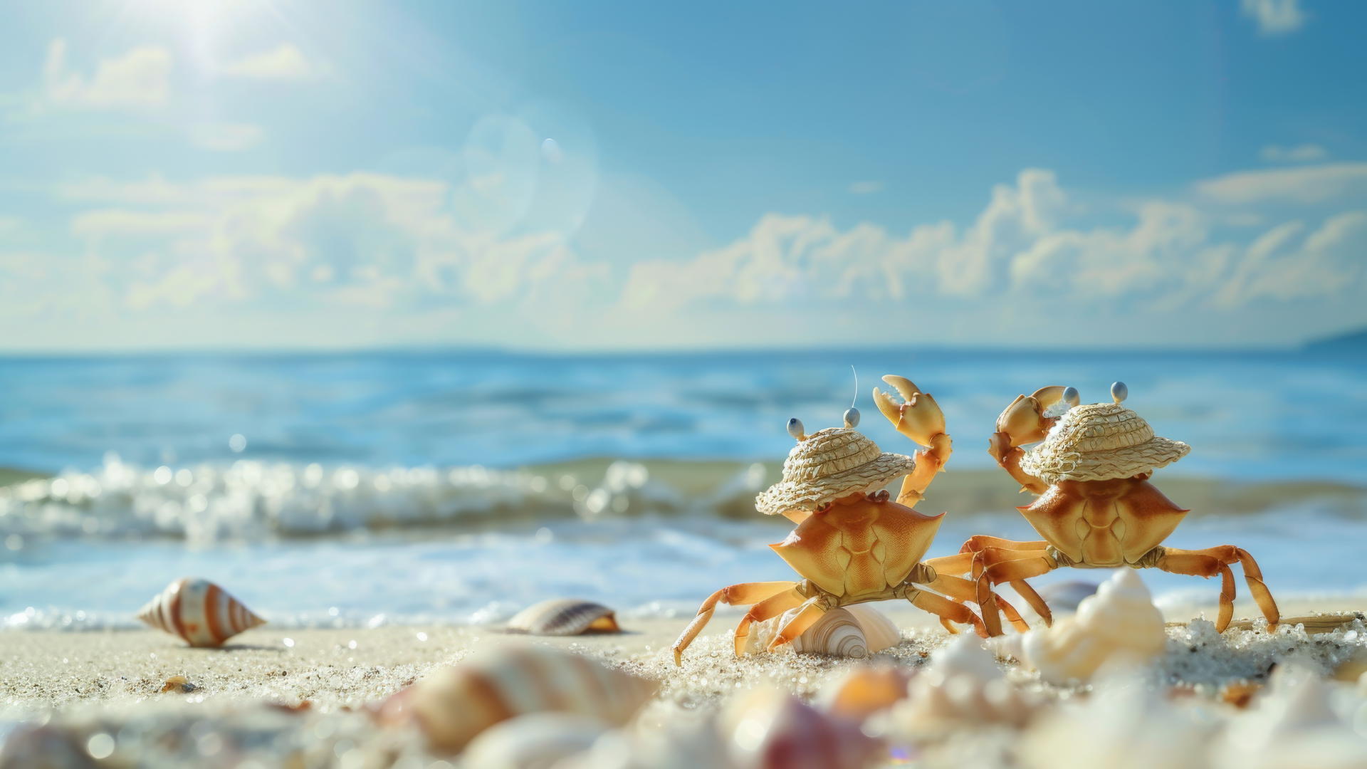 Crabs in straw hats by the blue sea under a blue sky with pretty shells