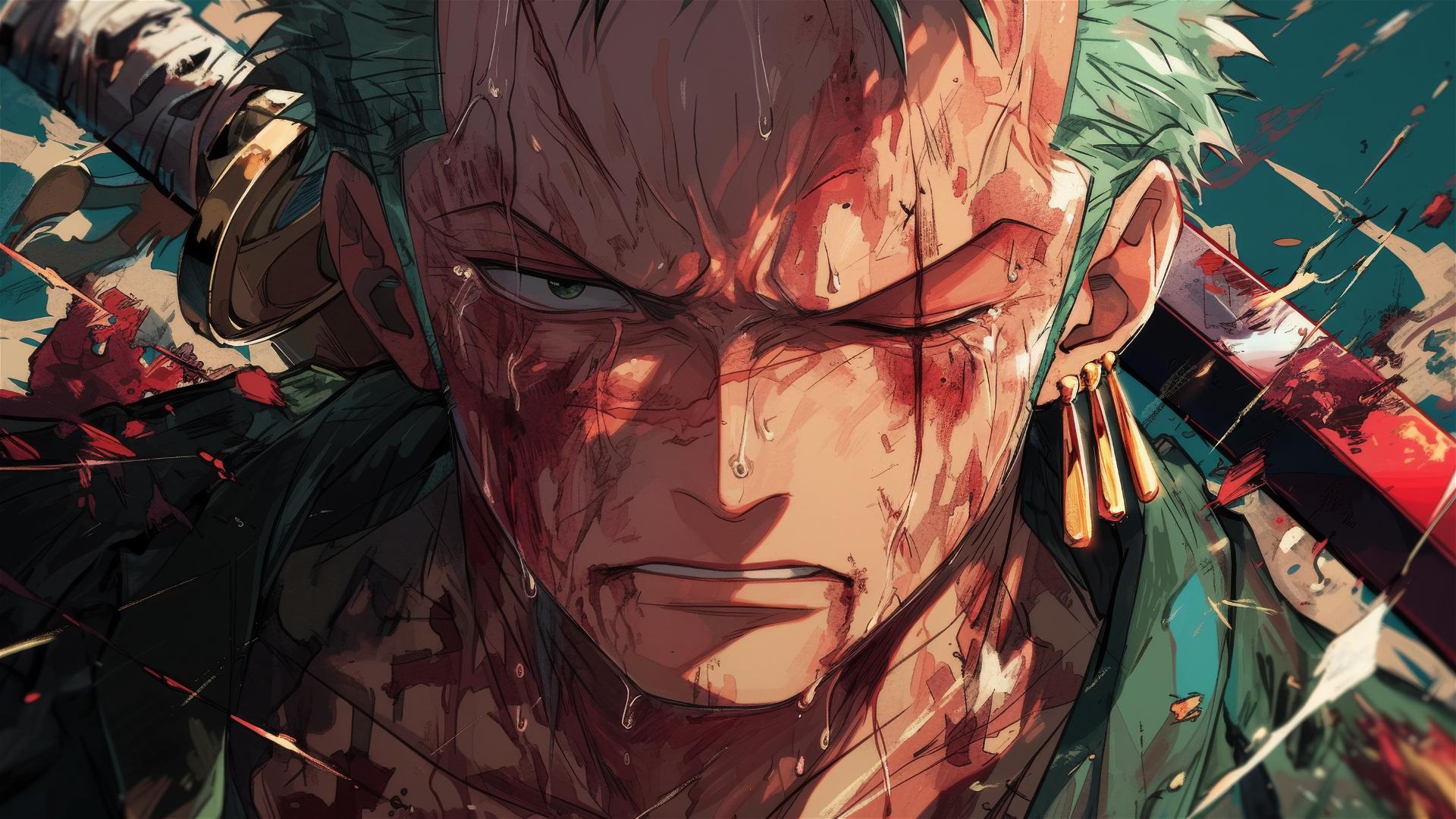 Zoro from One Piece with reflected stern expression in broken sword blade
