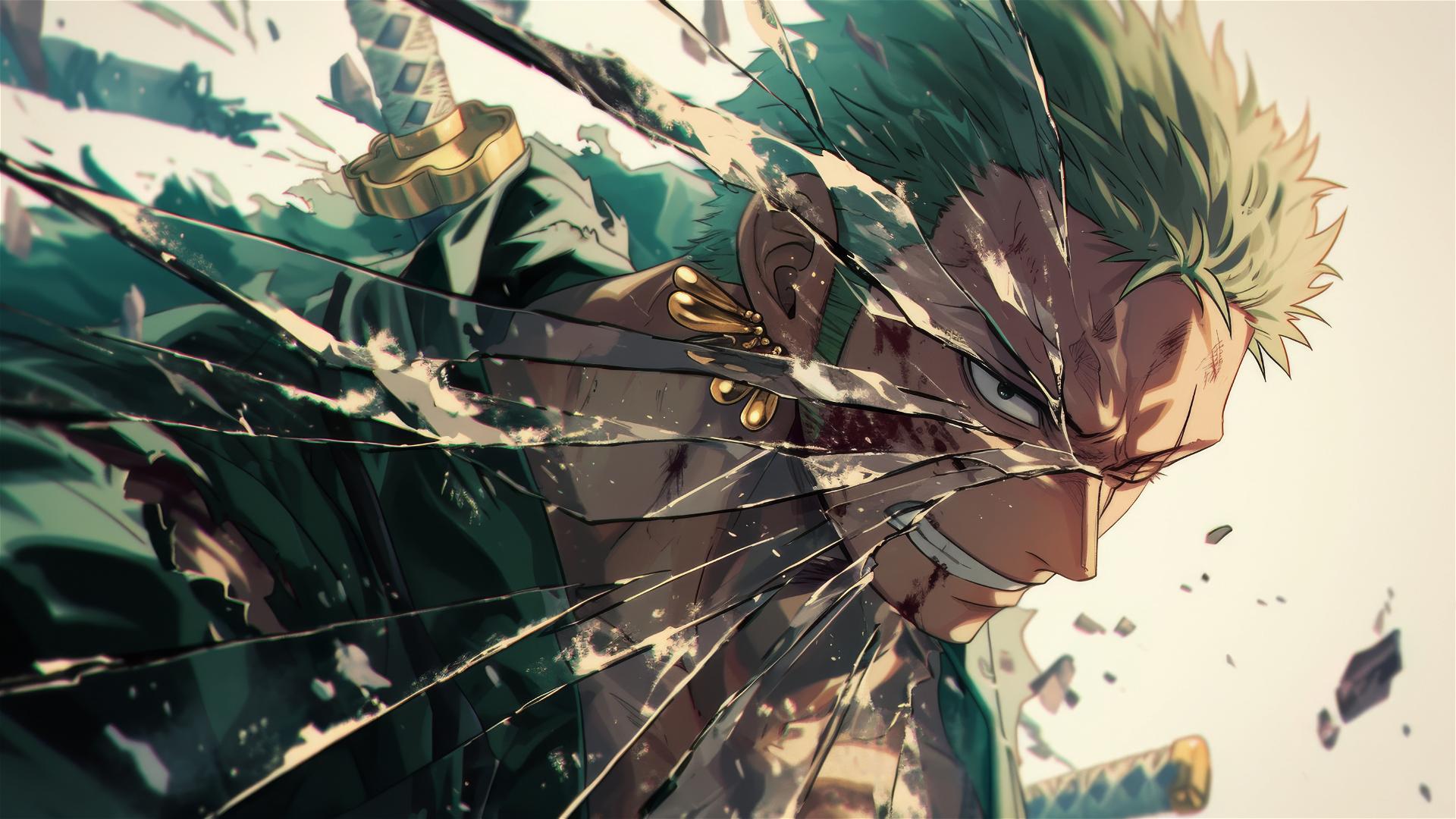 Roronoa Zoro battling foes seen through a cracked wall