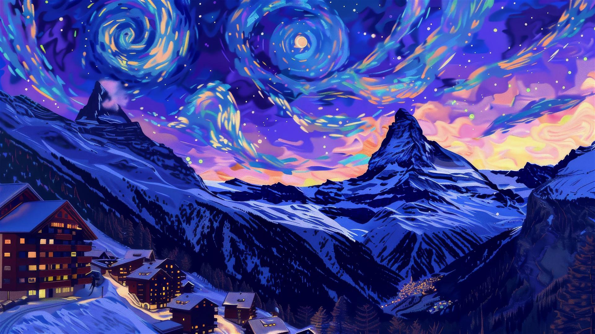 Zermatt and Matterhorn at dusk with Starry Night sky
