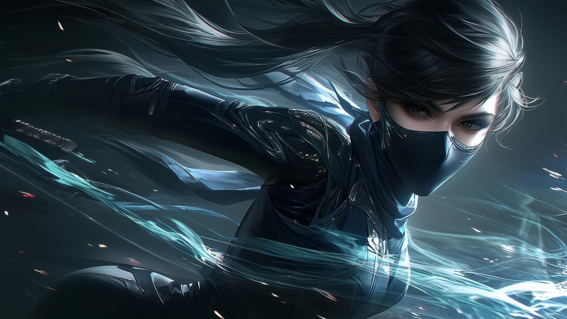 Ninja girl with dark mask and short hair in dynamic pose, thigh focus under spotlight