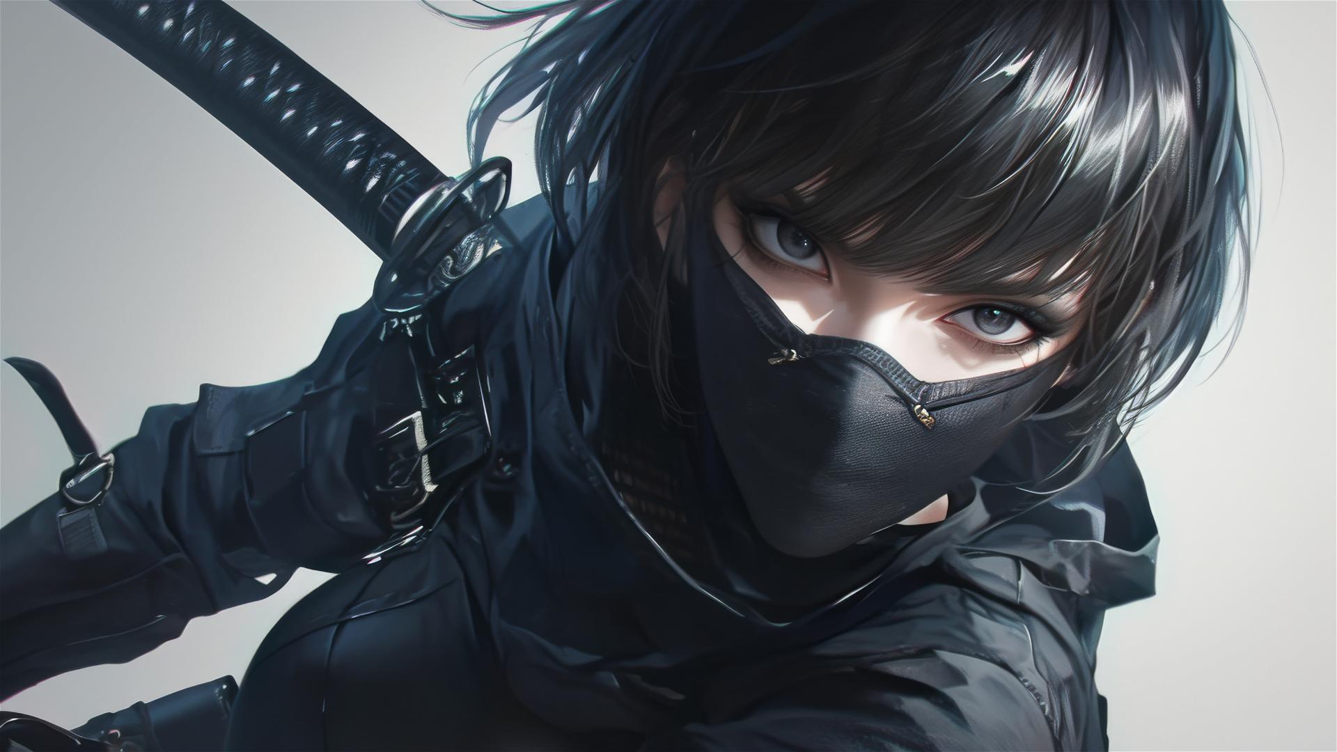 Ninja girl with mask and thigh focus in a dynamic pose on dark background