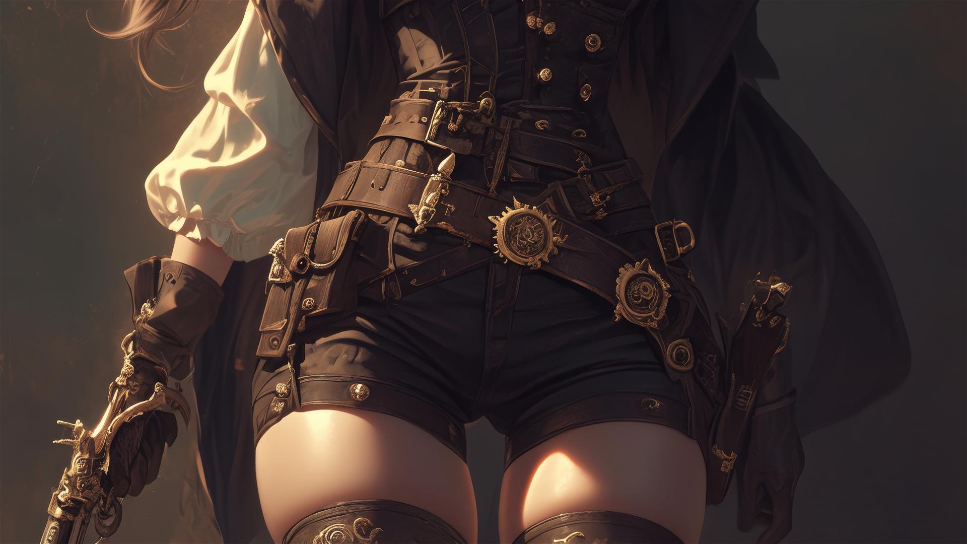 Steampunk Adventurer Girl in dynamic pose isolated on dark background