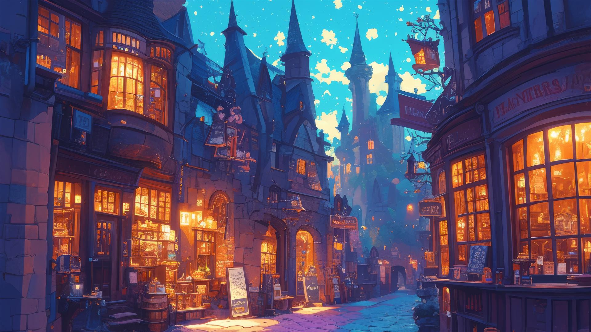 Ghibli-style illustration of Diagon Alley at night adorned with stars