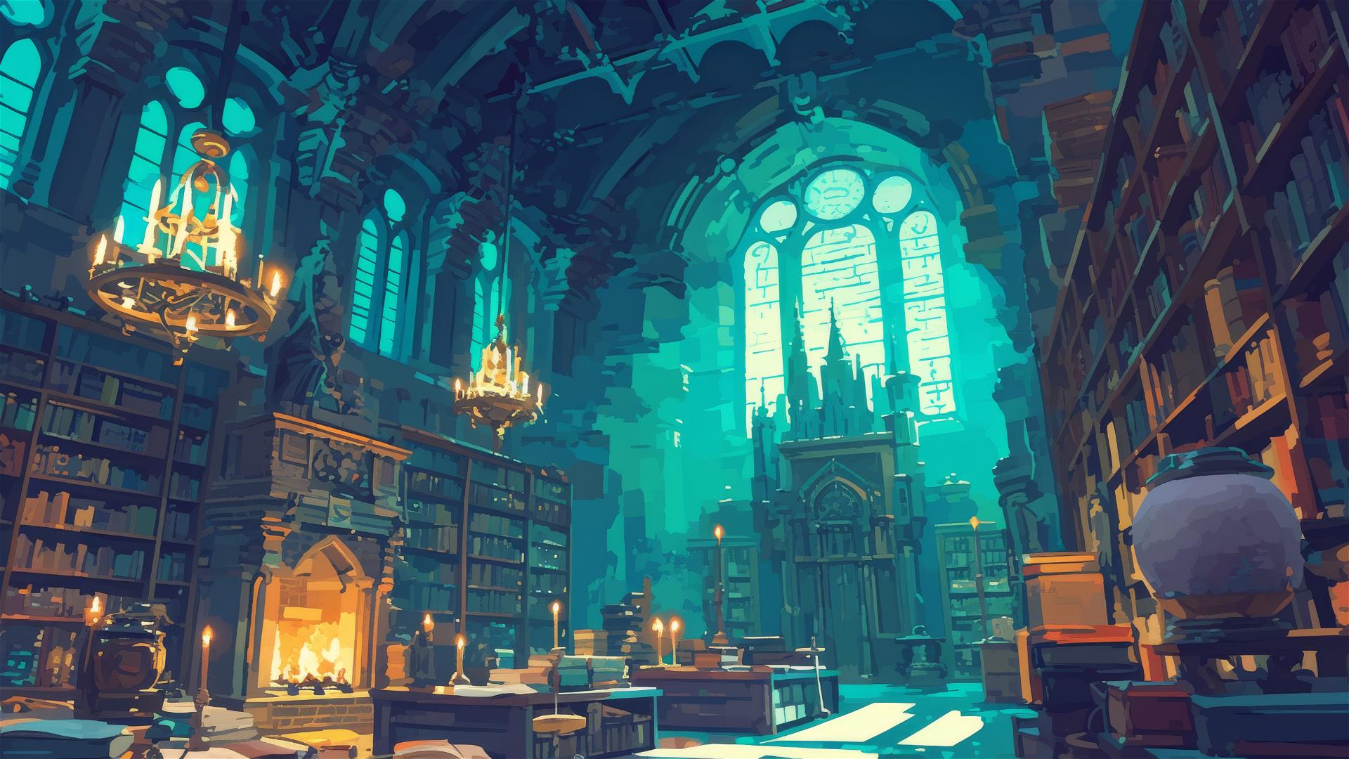 Artistic illustration of Hogwarts in Ghibli style at night
