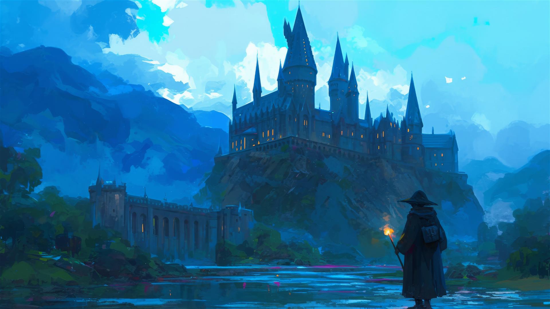 Ghibli-inspired illustration of Hogwarts on a rainy day